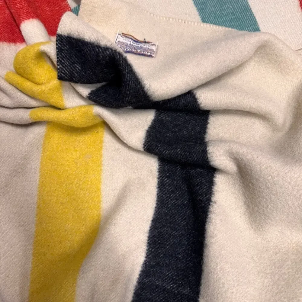Vintage Polar Nite Golden Dawn Striped Blanket Multi Wool Bound Edges 93”x78”